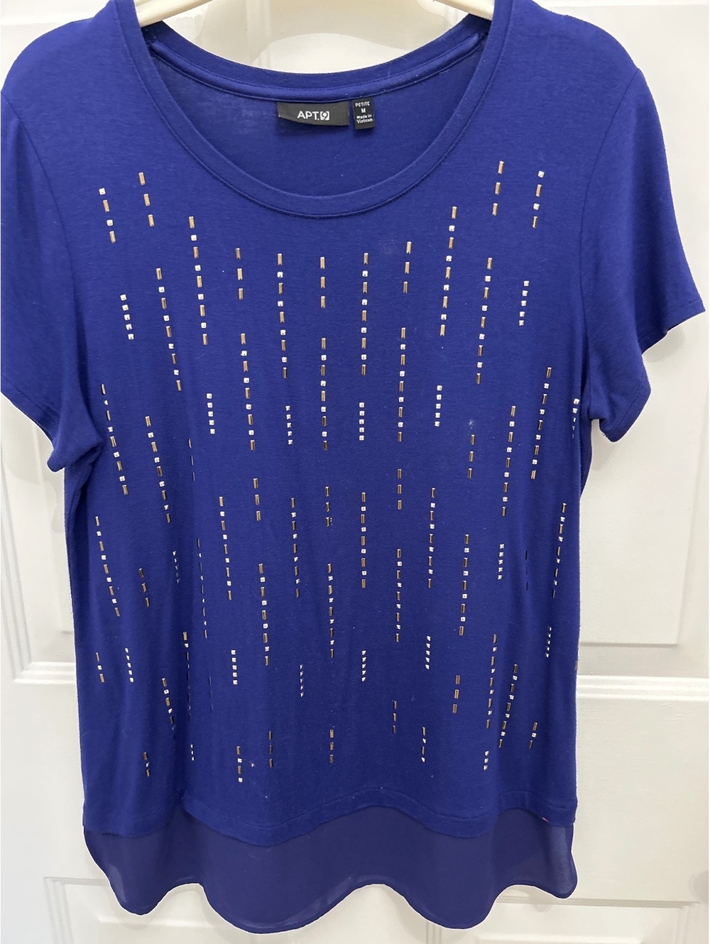 APT. 9 Petite Medium Blue Embellished Short Sleeve Blouse